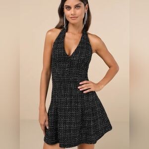 Lulu's Black and Silver Tweed Halter Dress